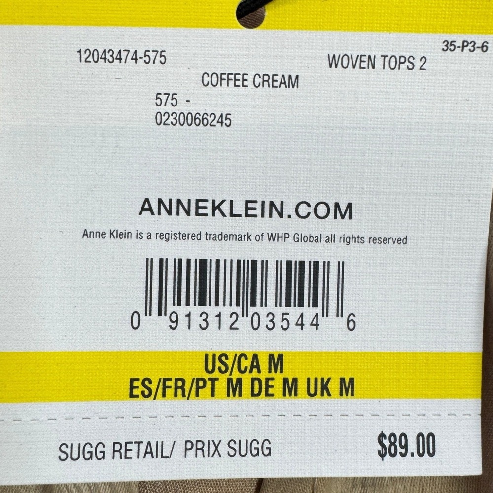 Anne Klein Coffee Cream Tie Front Satin Blouse Long Sleeve V-Neck Top Medium NEW - Picture 3 of 15